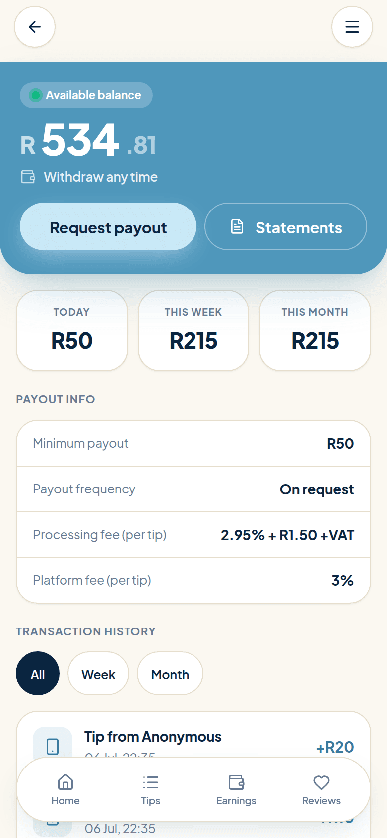 Worker earnings and payout info